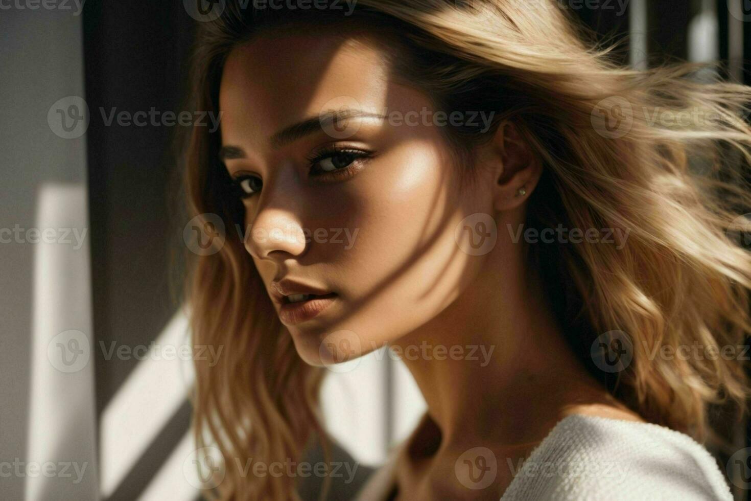 AI generated Stunning beautiful young woman with high contrast shadow and fashionable style photo