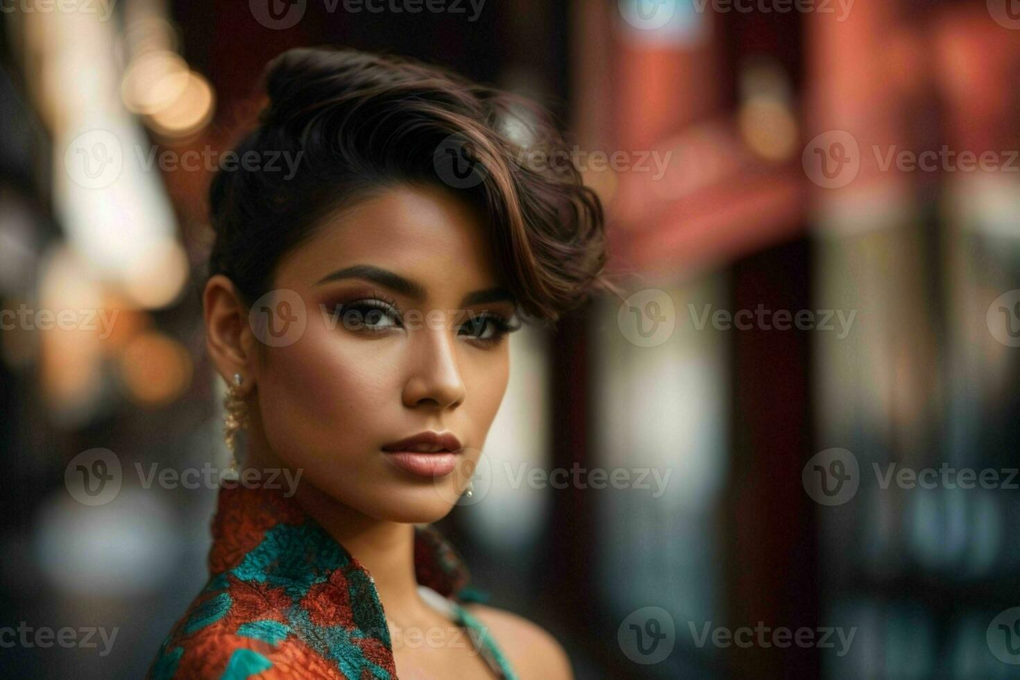 AI generated Stunning beautiful young woman with high contrast shadow and fashionable style photo