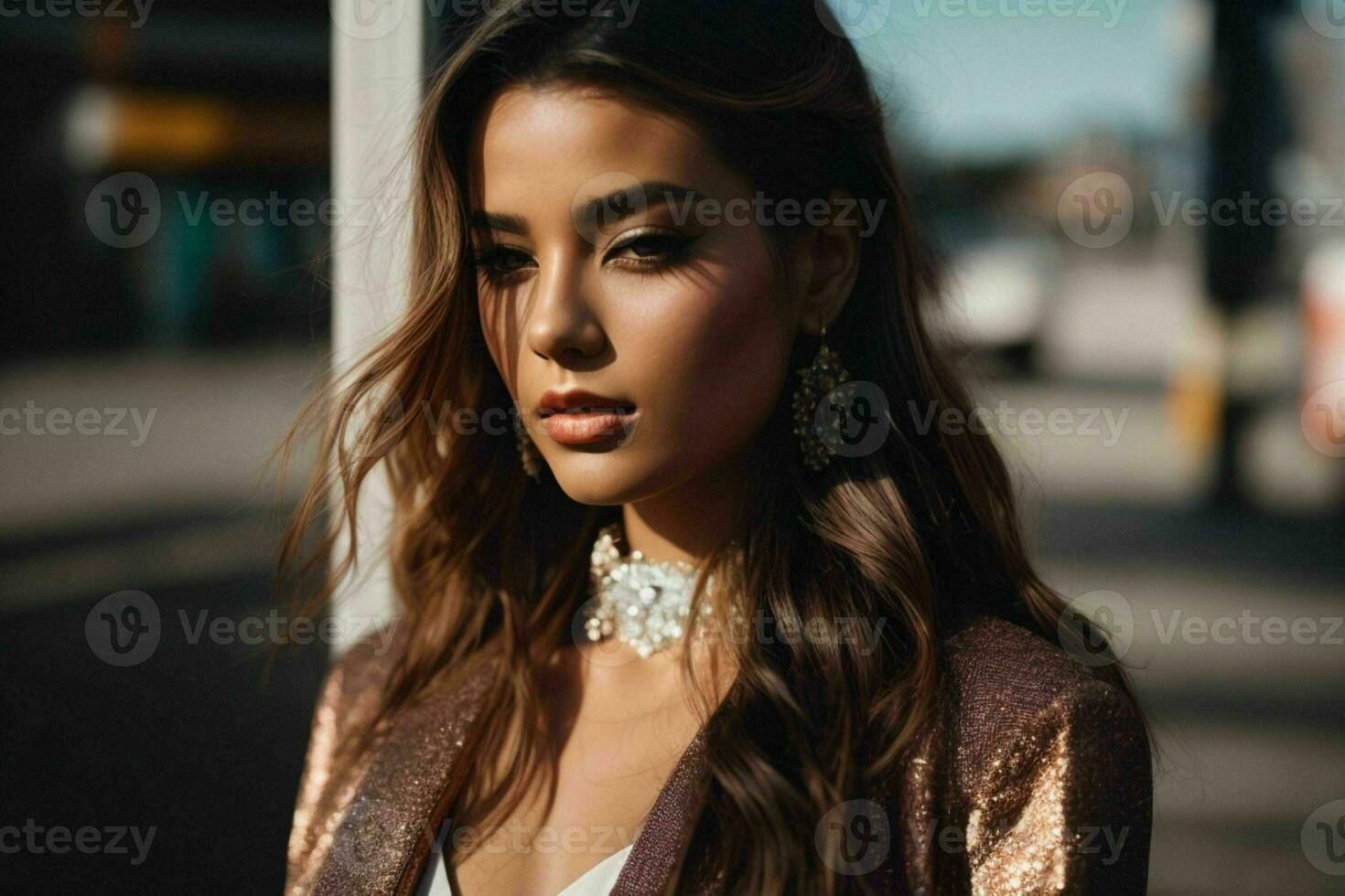 AI generated Stunning beautiful young woman with high contrast shadow and fashionable style photo