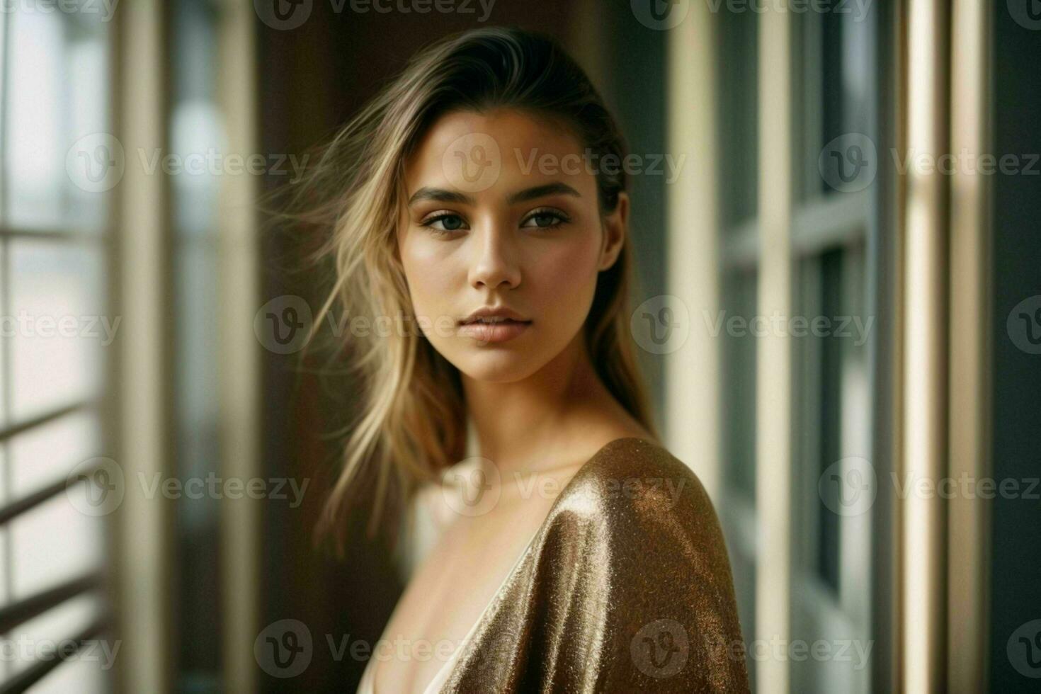 AI generated Stunning beautiful young woman with high contrast shadow and fashionable style photo