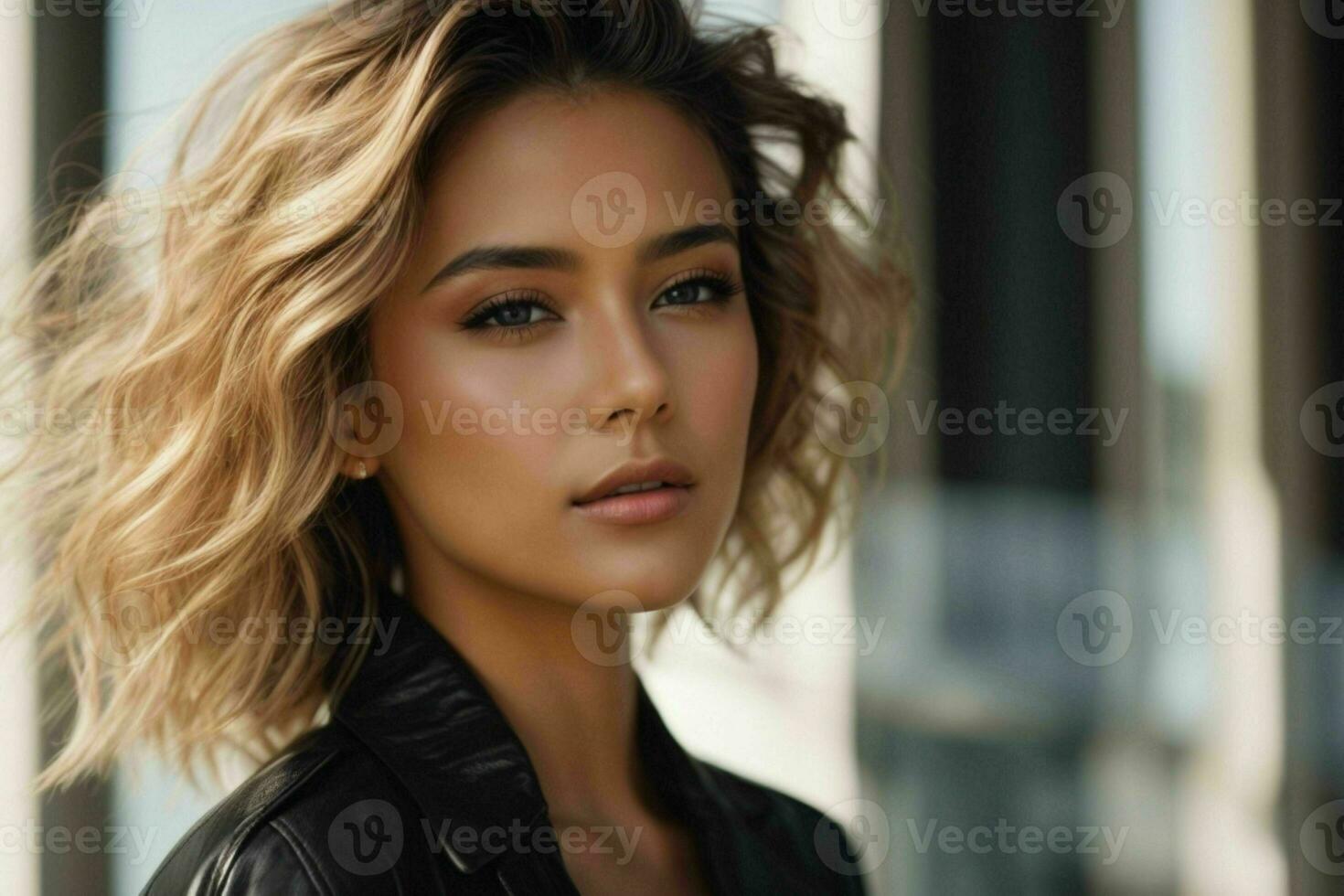 AI generated Stunning beautiful young woman with high contrast shadow and fashionable style photo