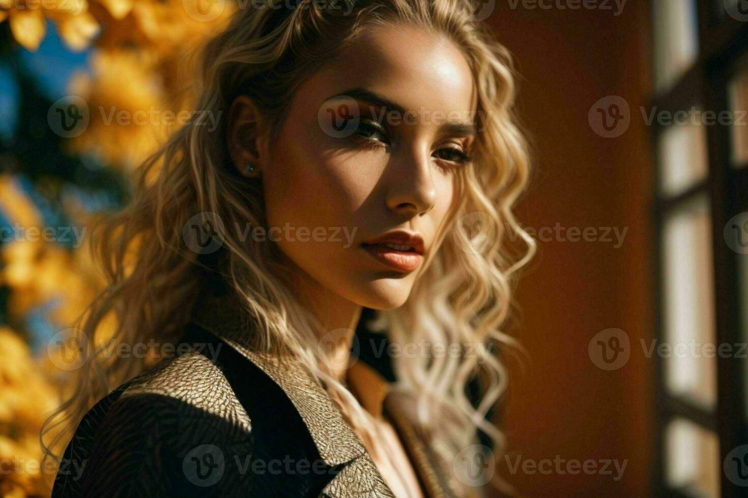 AI generated Stunning beautiful young woman with high contrast shadow and fashionable style photo