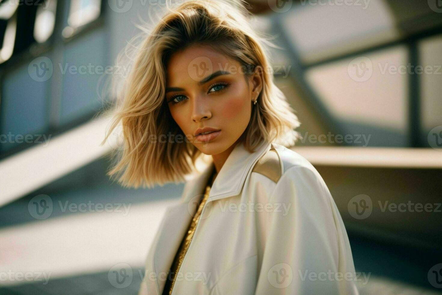 AI generated Stunning beautiful young woman with high contrast shadow and fashionable style photo