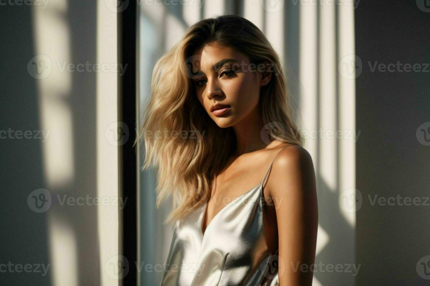AI generated Stunning beautiful young woman with high contrast shadow and fashionable style photo