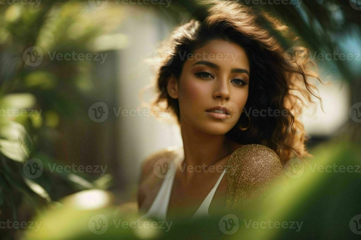 AI generated Stunning beautiful young woman with high contrast shadow and fashionable style photo