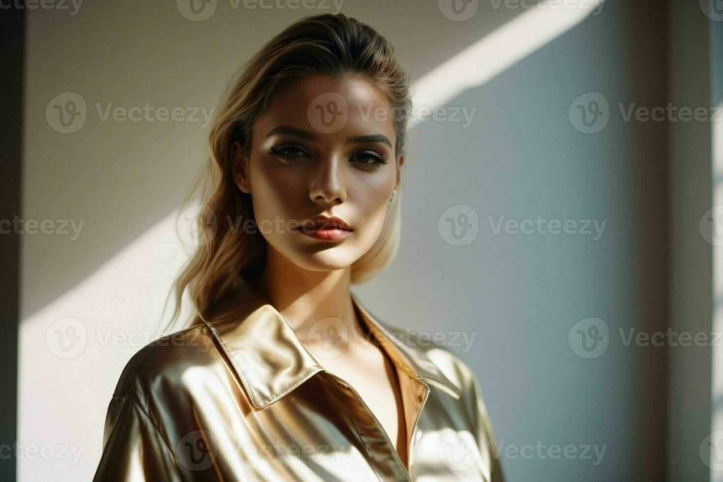 AI generated Stunning beautiful young woman with high contrast shadow and fashionable style photo