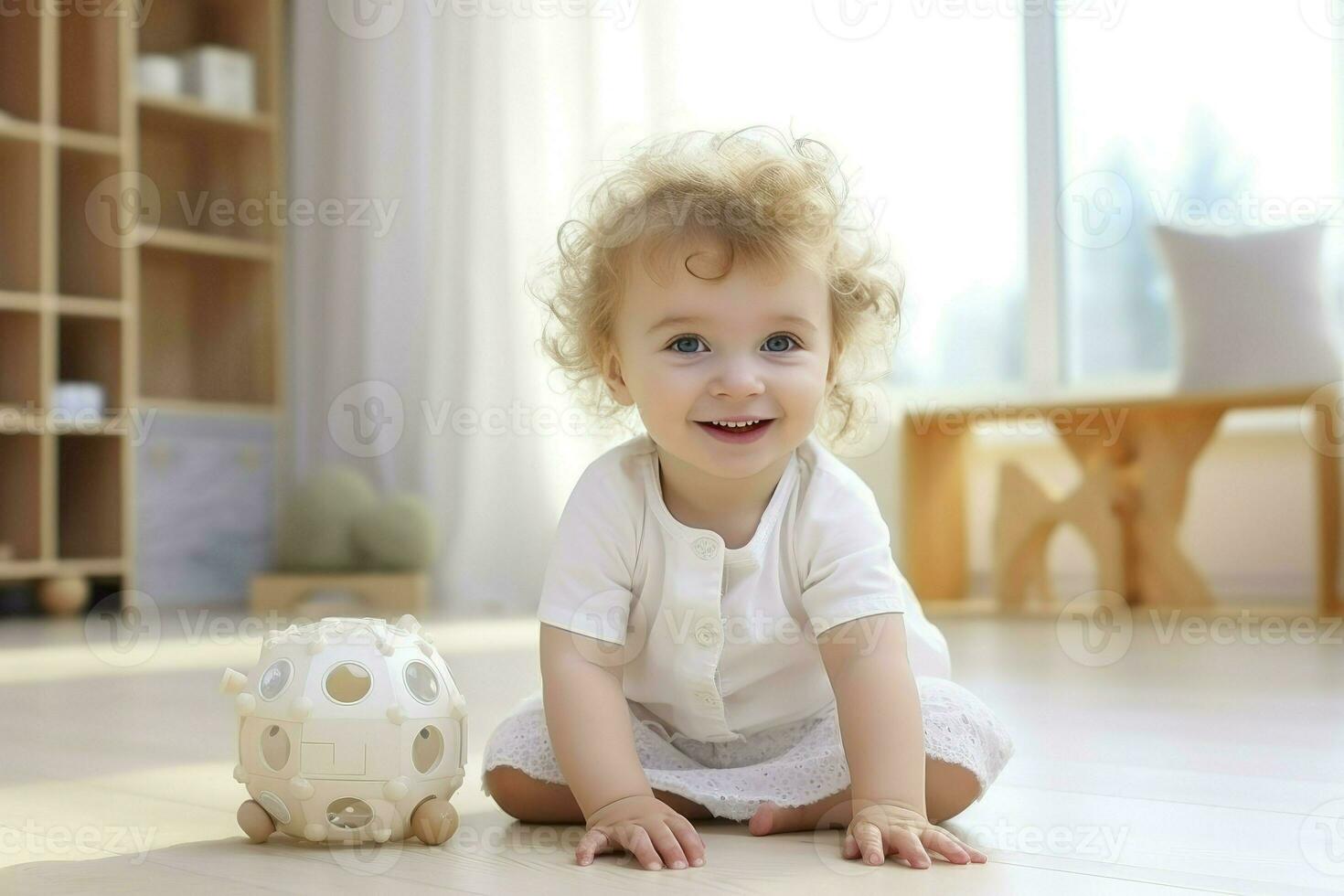 AI generated Cute baby girl playing with her toys at home photo