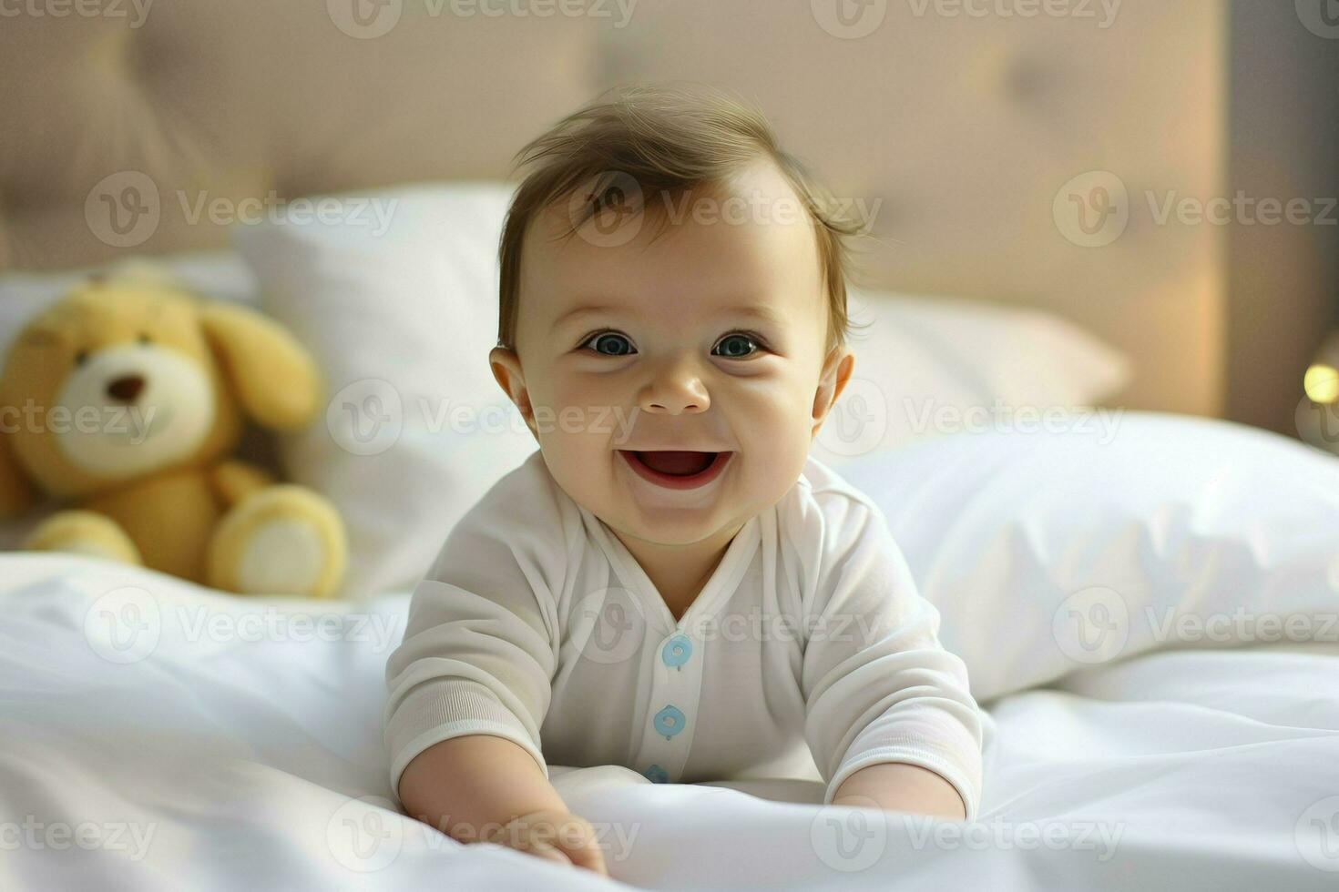AI generated Little newborn baby boy smiling in crib photo