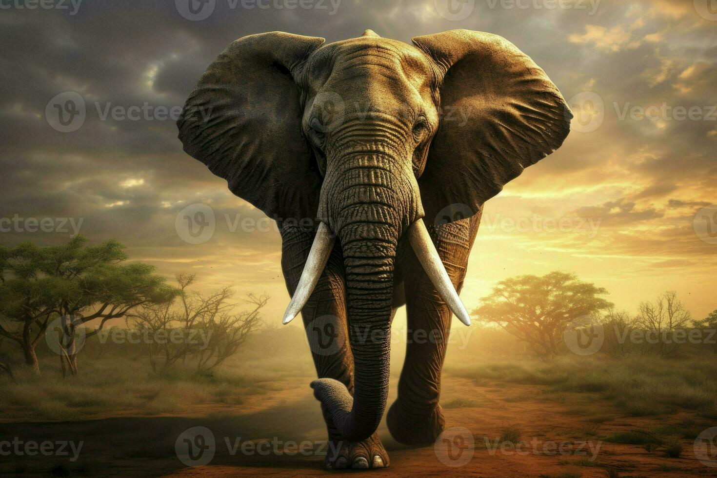 AI generated Closeup portrait elephant on blue sky background looking down photo