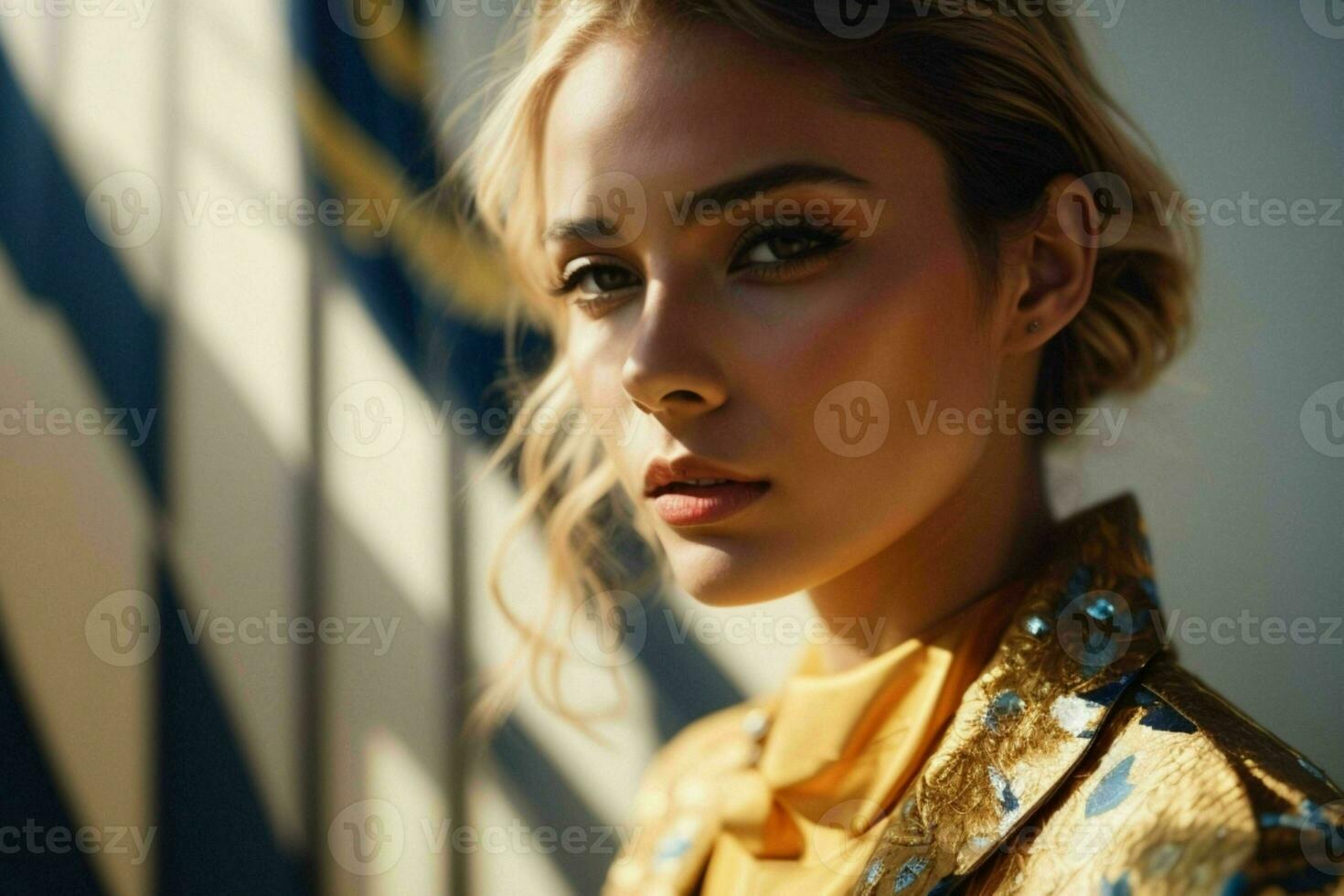 AI generated Stunning beautiful young woman with high contrast shadow and fashionable style photo