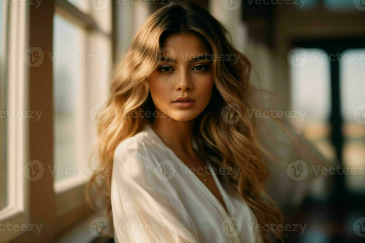 AI generated Stunning beautiful young woman with high contrast shadow and fashionable style photo