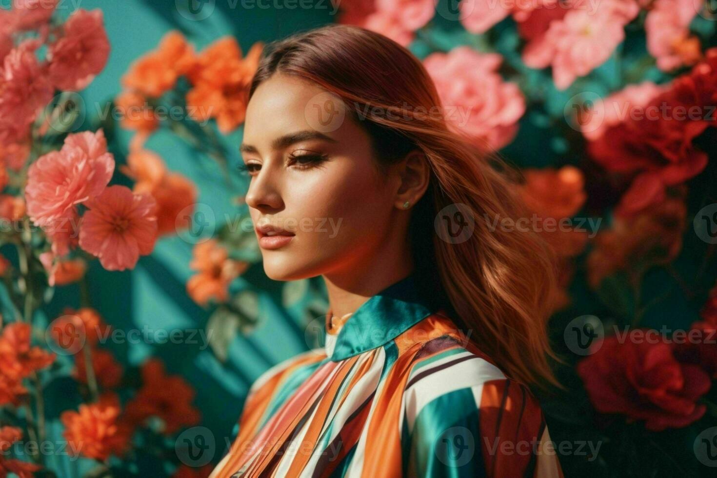 AI generated Stunning beautiful young woman with high contrast shadow and fashionable style photo