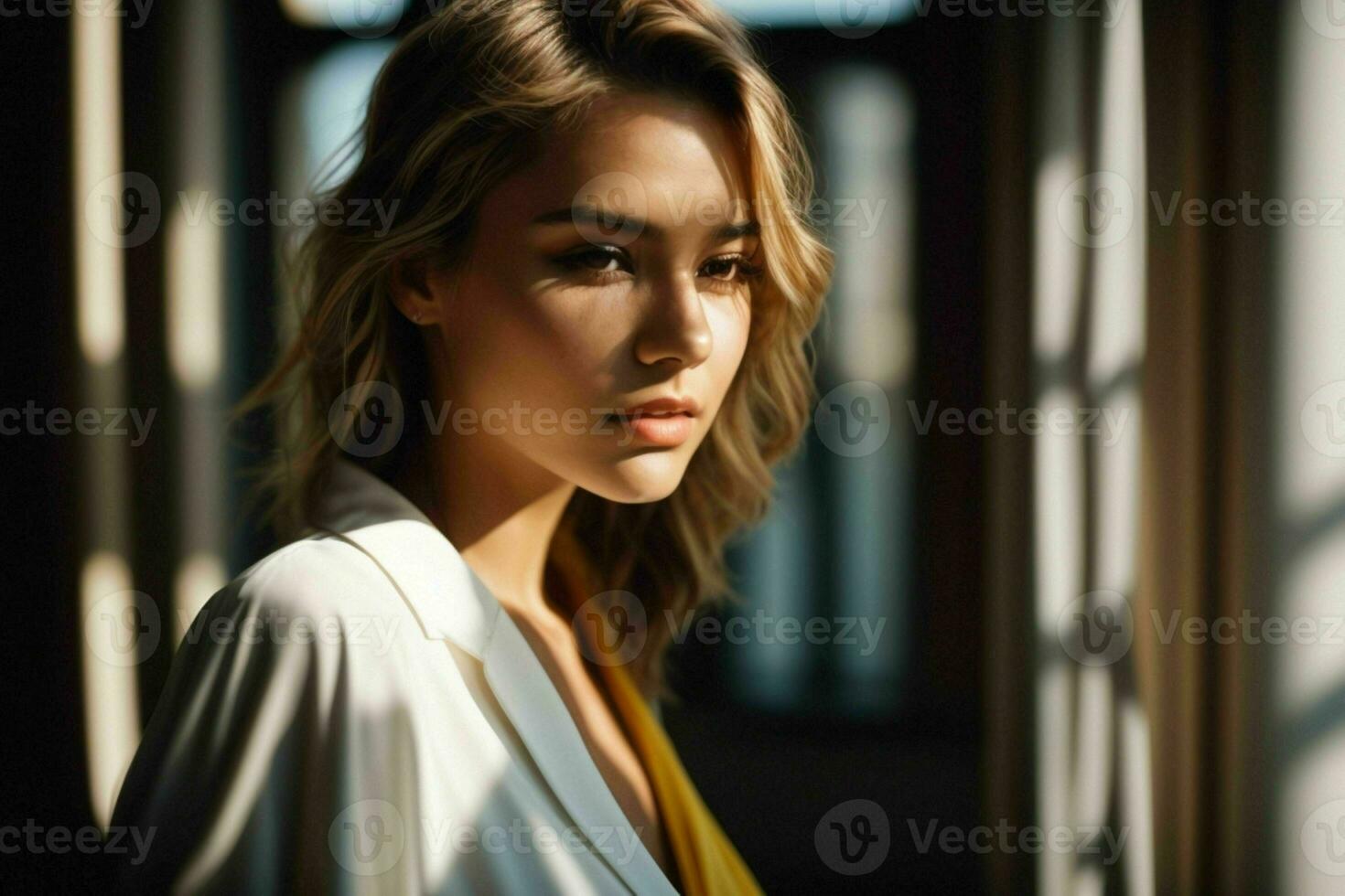 AI generated Stunning beautiful young woman with high contrast shadow and fashionable style photo