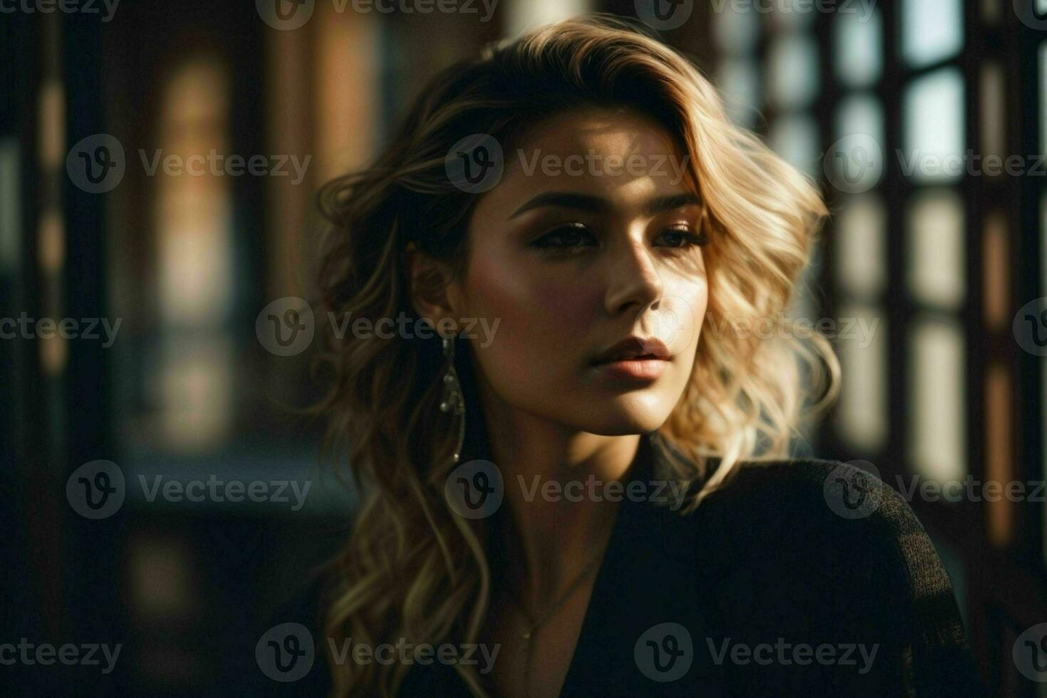 AI generated Stunning beautiful young woman with high contrast shadow and fashionable style photo