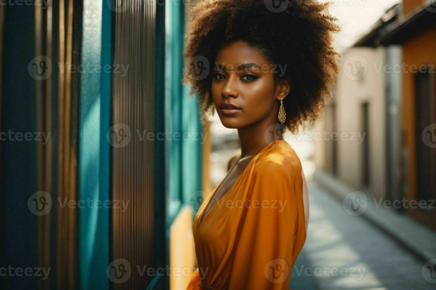 AI generated Stunning beautiful young woman with high contrast shadow and fashionable style photo