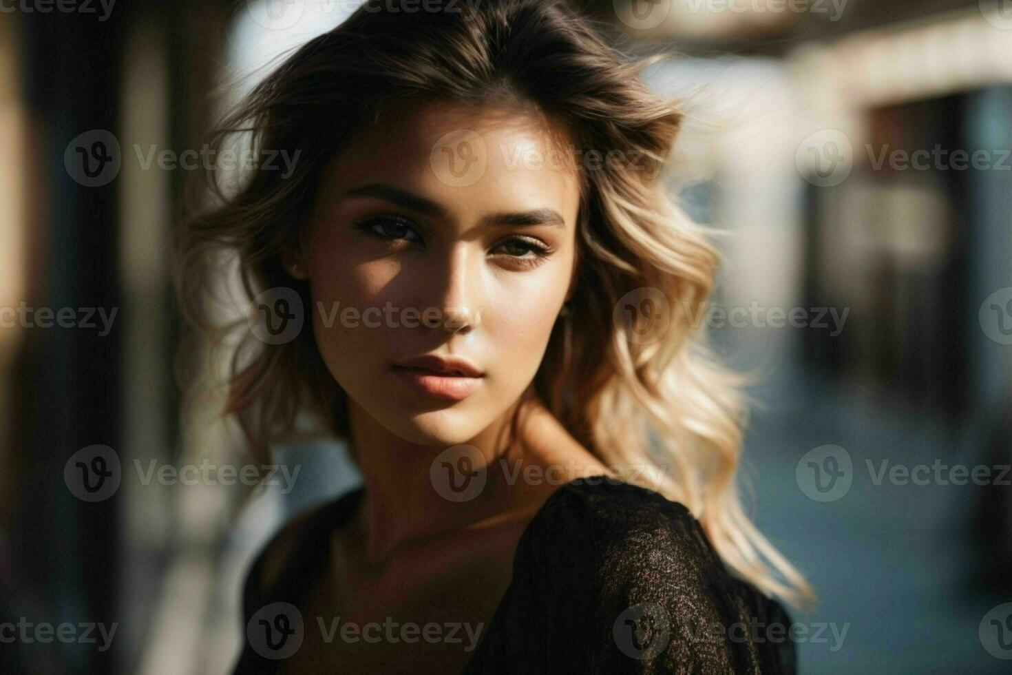 AI generated Stunning beautiful young woman with high contrast shadow and fashionable style photo