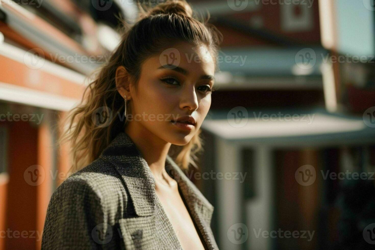 ai generado maravilloso hermosa joven mujer con alto contraste sombra y de moda estilo foto