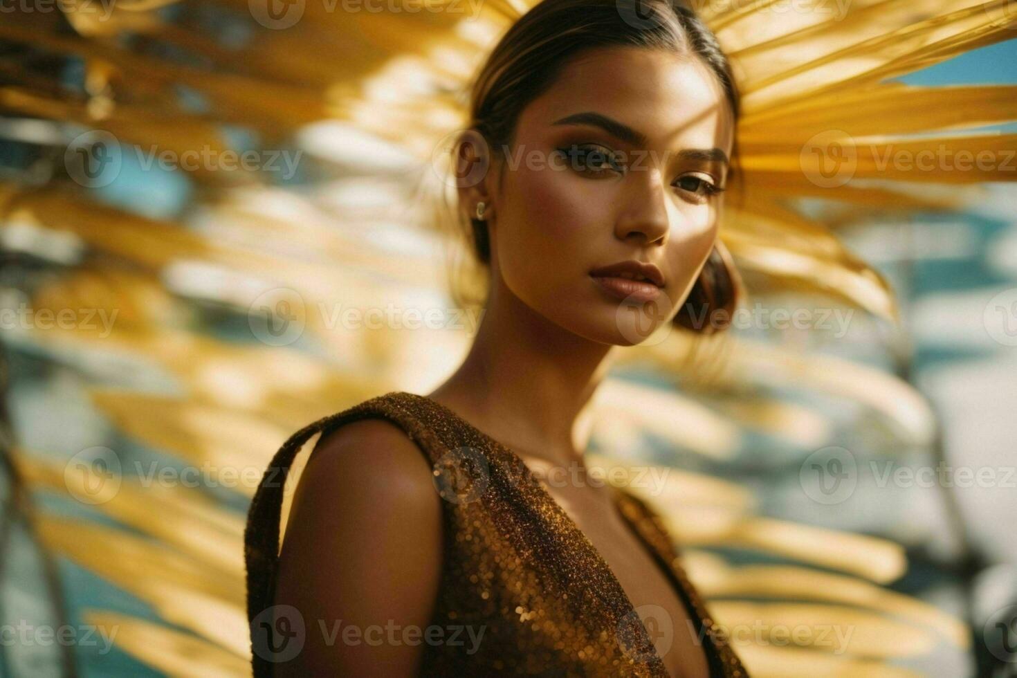 AI generated Stunning beautiful young woman with high contrast shadow and fashionable style photo