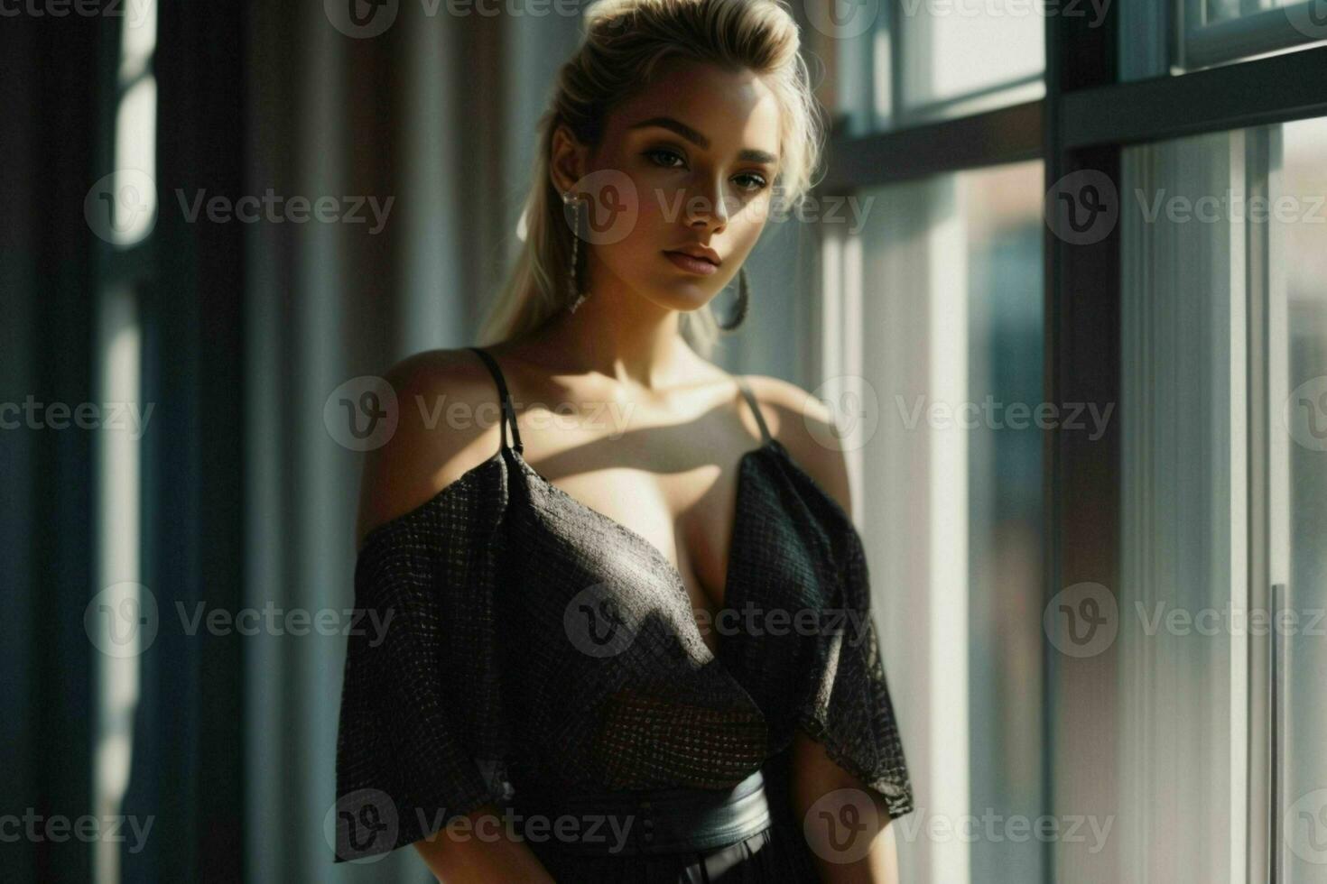 AI generated Stunning beautiful young woman with high contrast shadow and fashionable style photo
