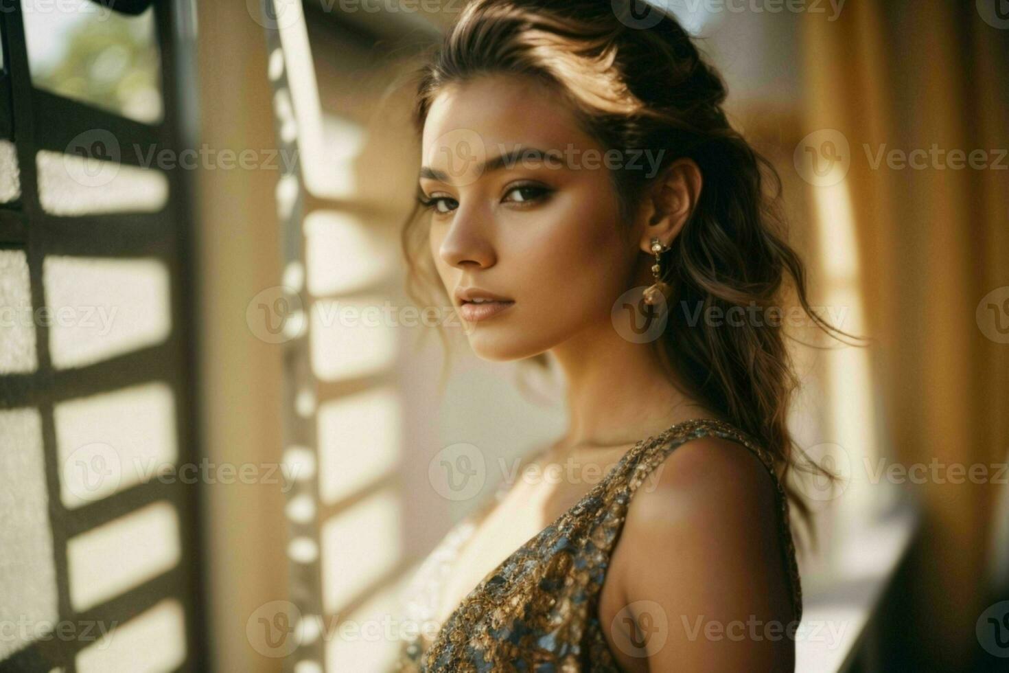 AI generated Stunning beautiful young woman with high contrast shadow and fashionable style photo