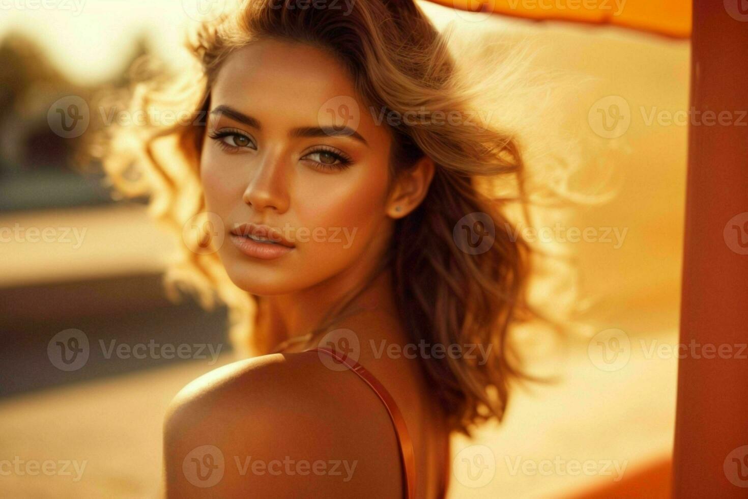 AI generated Stunning beautiful young woman with high contrast shadow and fashionable style photo