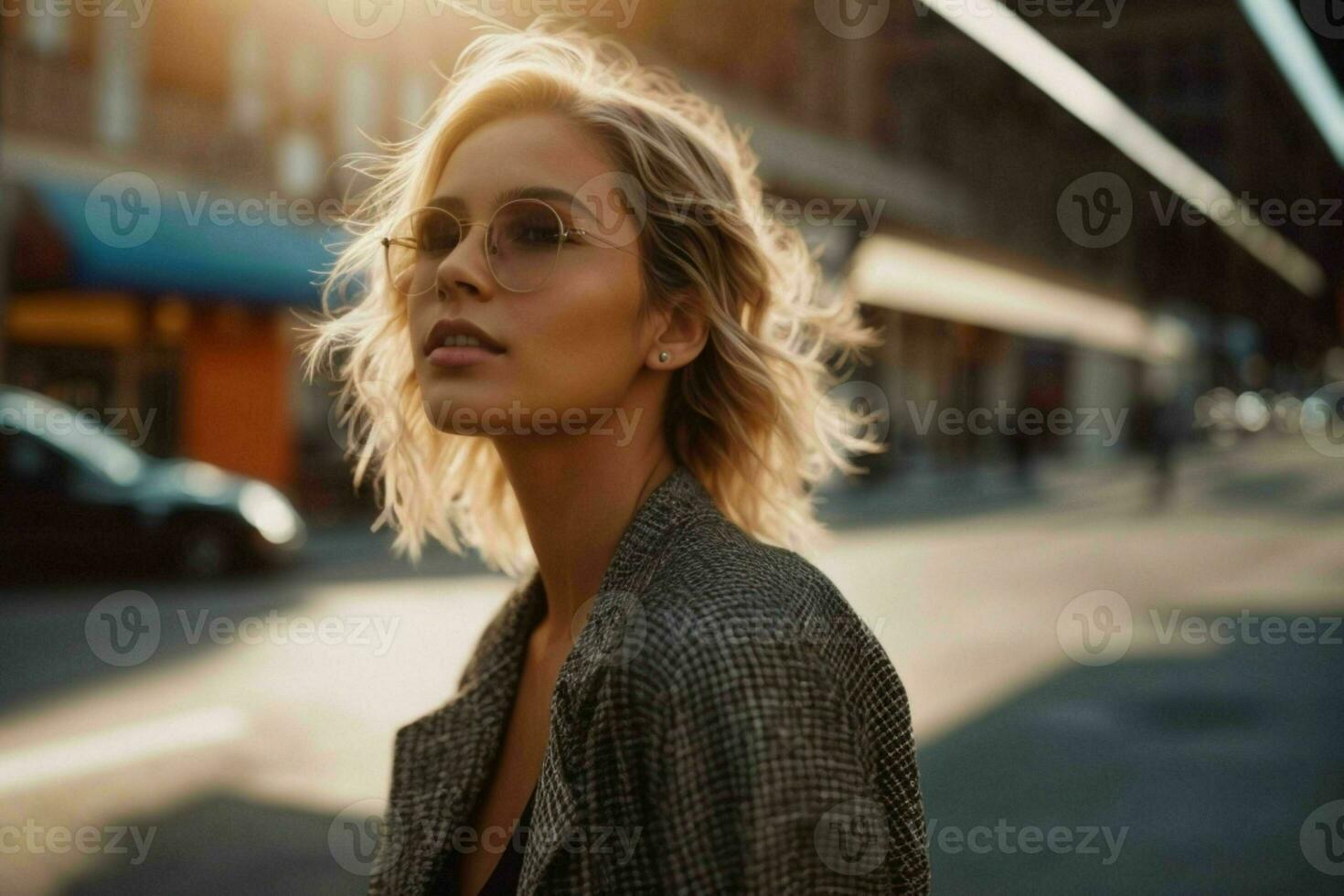 AI generated Stunning beautiful young woman with high contrast shadow and fashionable style photo