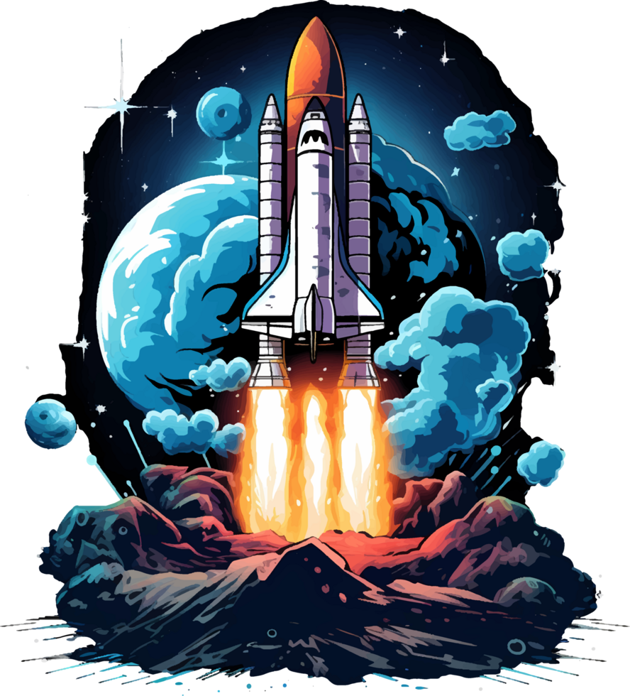 AI generated T-shirt design, rocket illustration in blue and white, in fluid style washes of color, intricate and whimsical. transparent background. png
