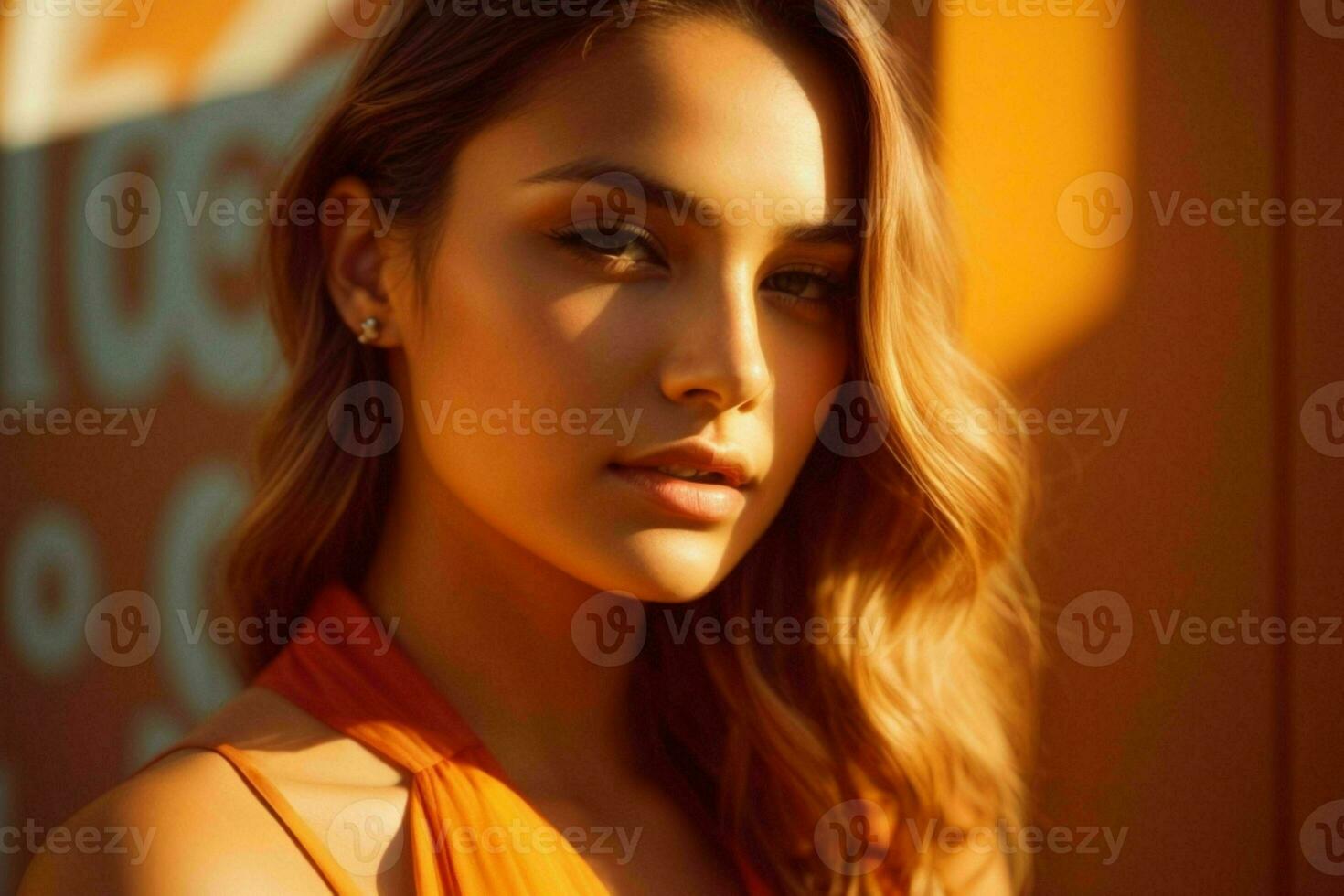 AI generated Stunning beautiful young woman with high contrast shadow and fashionable style photo