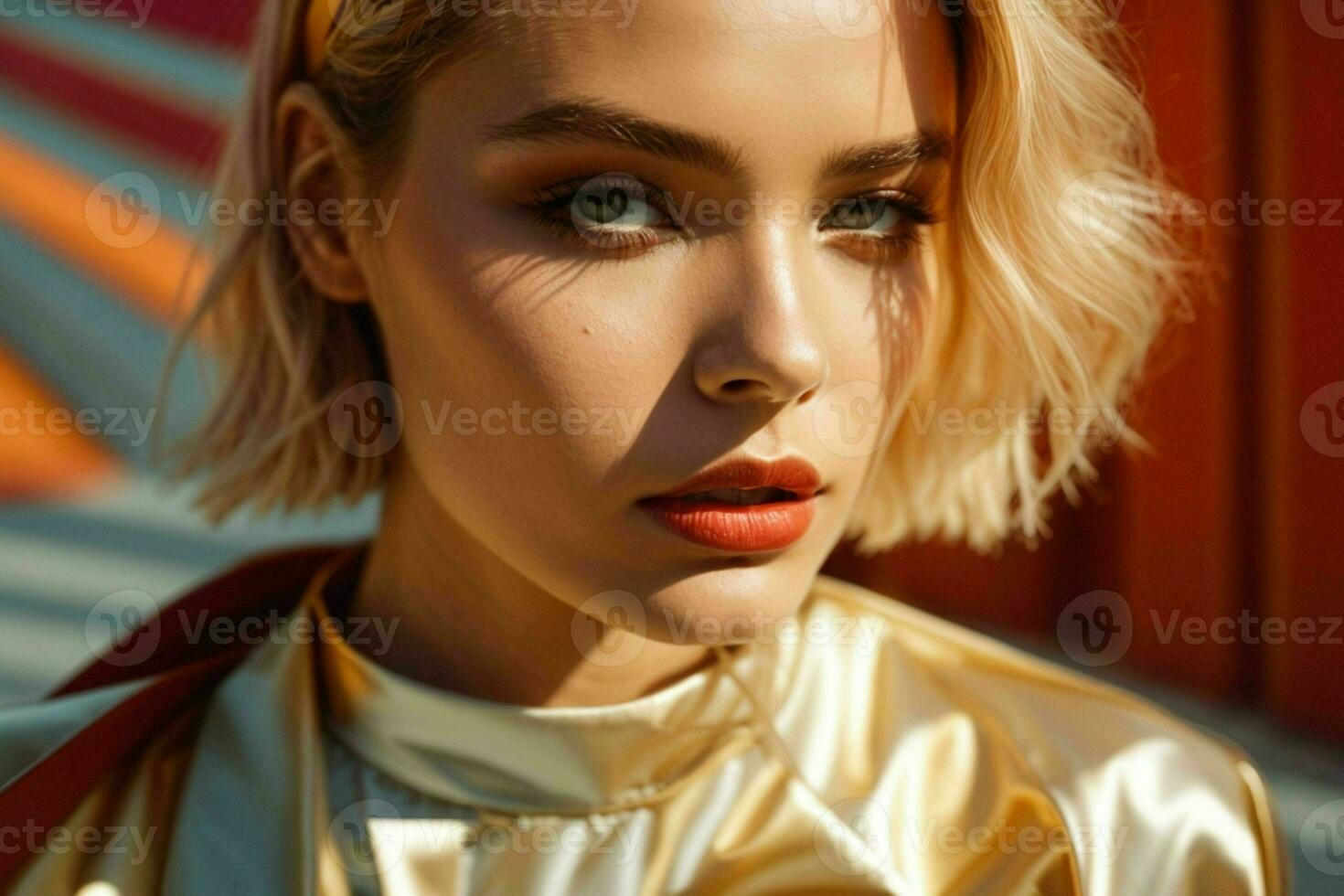 AI generated Stunning beautiful young woman with high contrast shadow and fashionable style photo