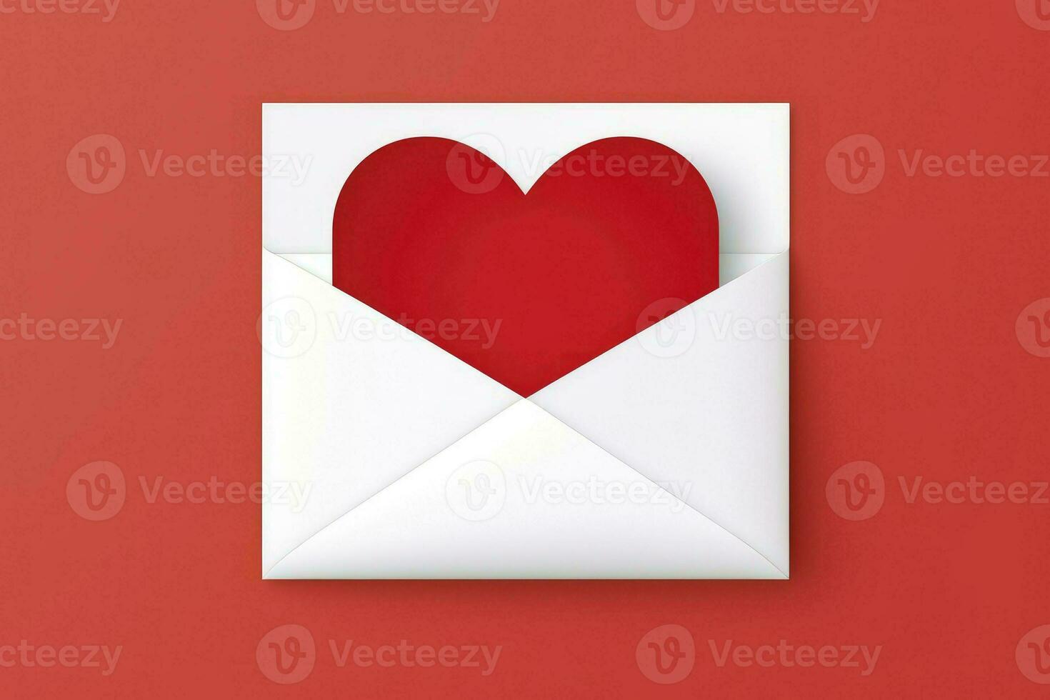 AI generated paper envelope with blank white note mockup inside and Valentines hearts on red background. Flat lay, top view. photo