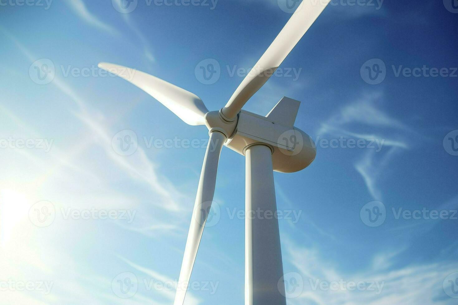 AI generated Close up view of wind farm or wind park, with high wind turbines for generation electricity with copy space. photo