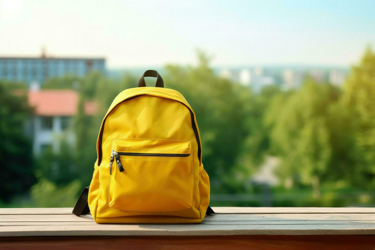 AI generated Backpack with various colorful stationery on the table on blurred nature town background photo