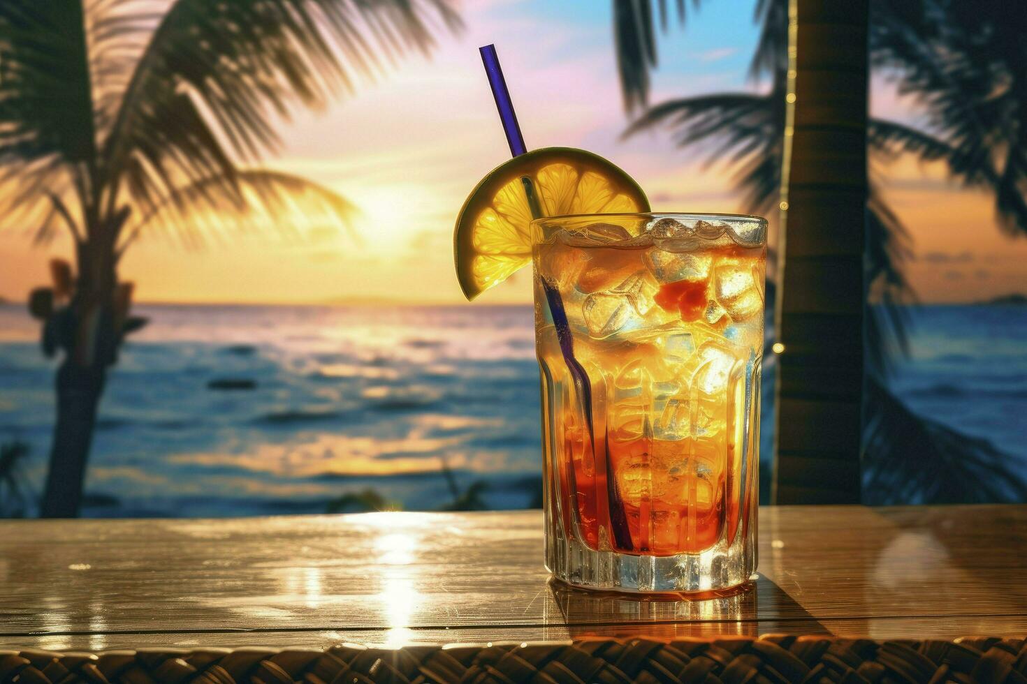 AI generated Colorful cocktail or juice in a glass decorated on a wooden table on blurred seascape background photo