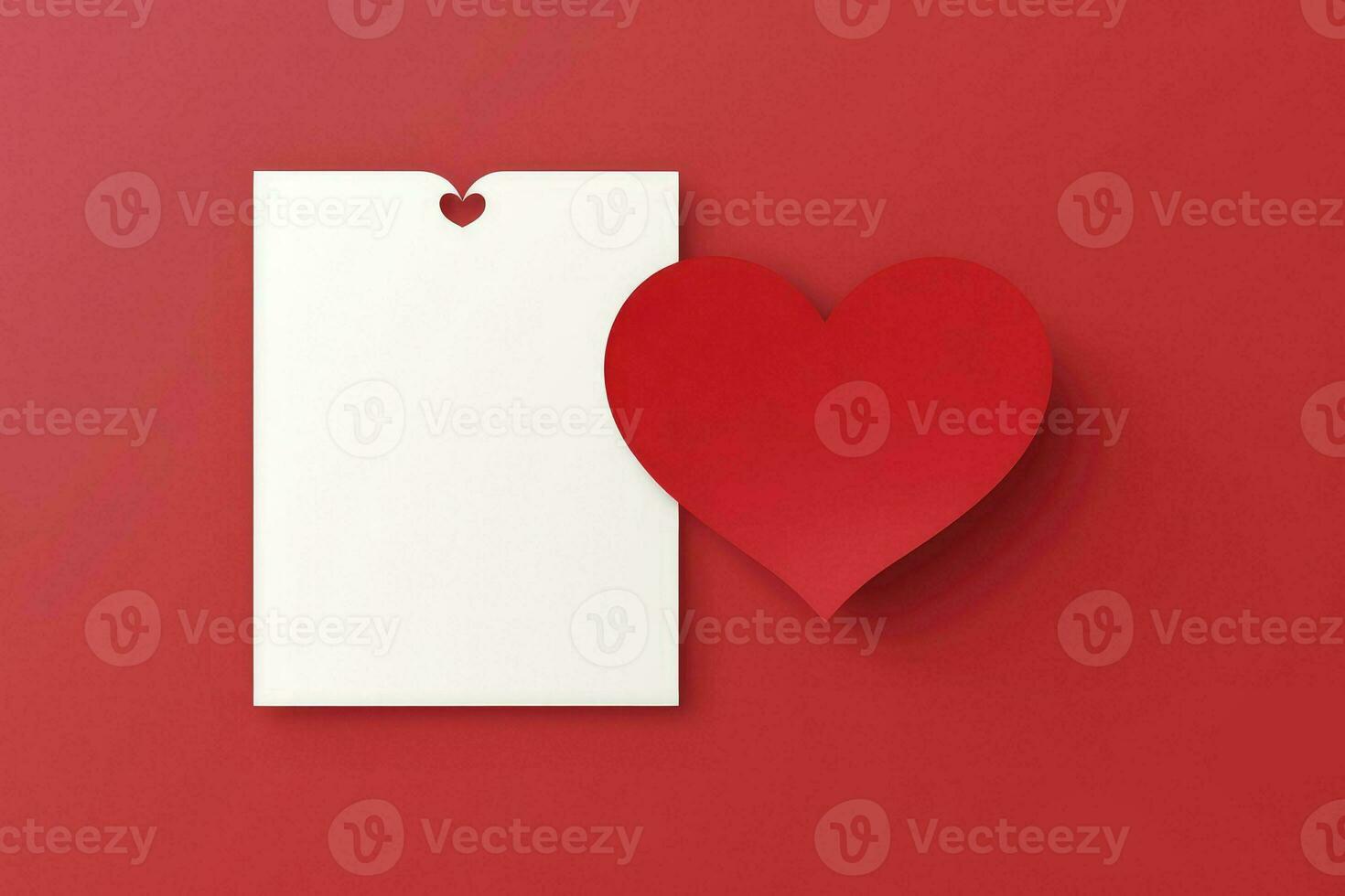 AI generated paper blank white note mockup inside and Valentines hearts on red background. Flat lay, top view. photo
