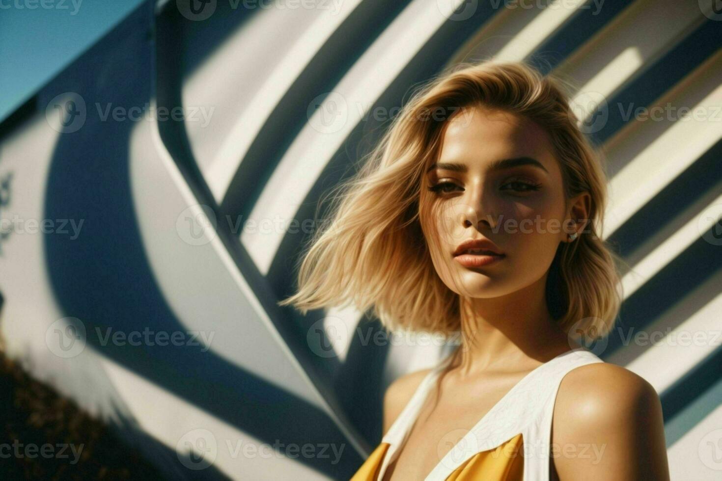 AI generated Stunning beautiful young woman with high contrast shadow and fashionable style photo