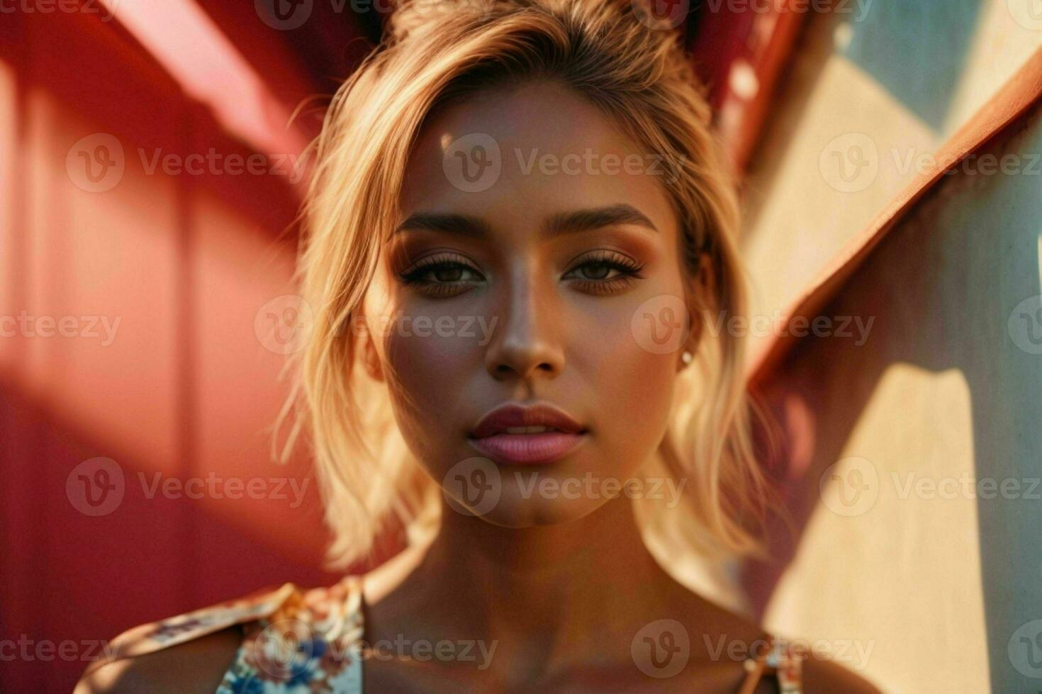 AI generated Stunning beautiful young woman with high contrast shadow and fashionable style photo