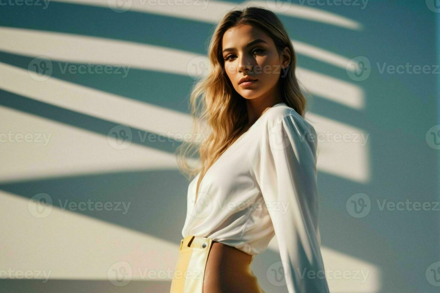 AI generated Stunning beautiful young woman with high contrast shadow and fashionable style photo