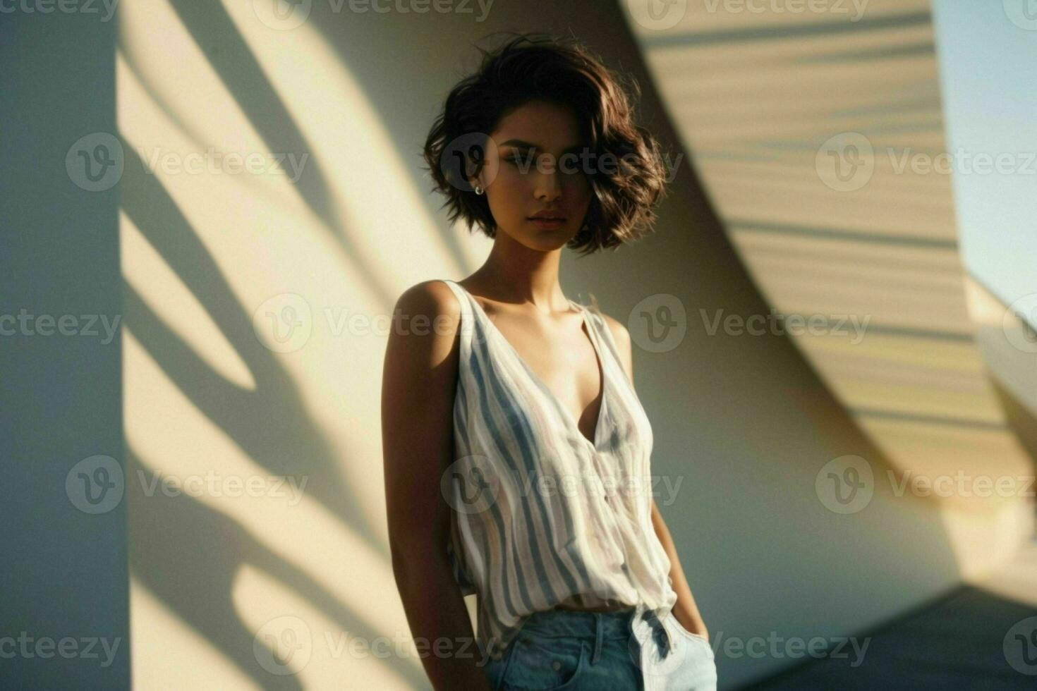 AI generated Stunning beautiful young woman with high contrast shadow and fashionable style photo