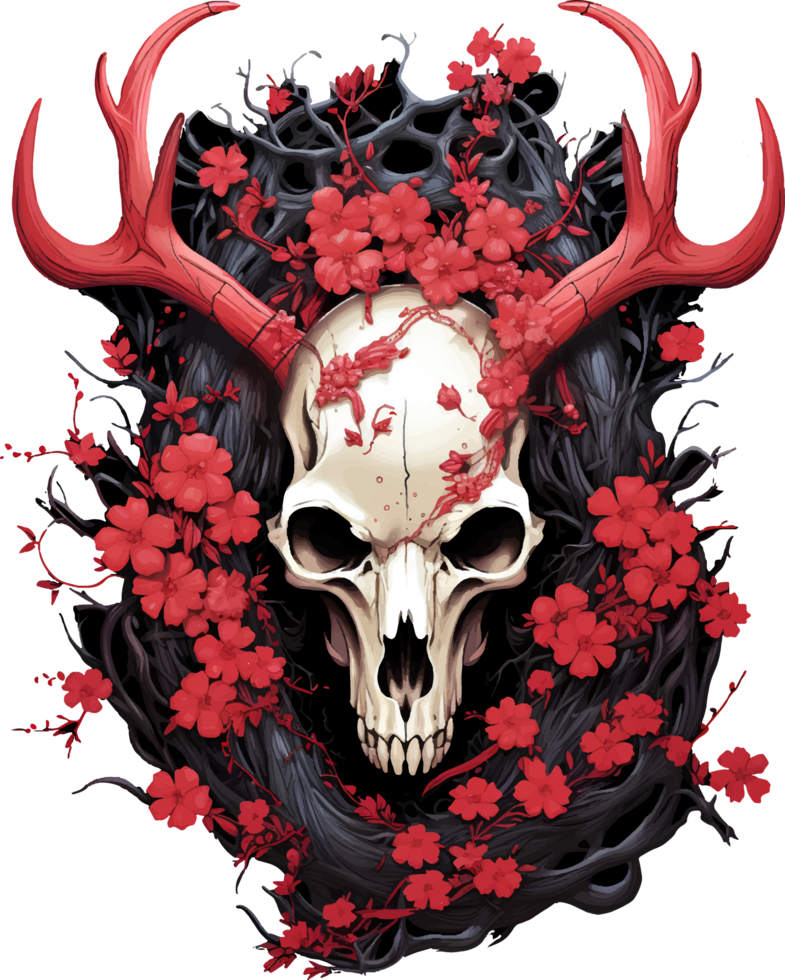 AI generated T-shirt design in the shape of a deer skull with long, branching antlers png