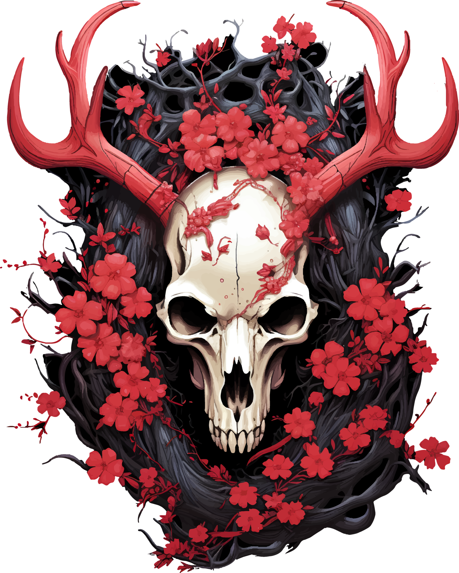 AI Generated T shirt Design In The Shape Of A Deer Skull With Long ai-generated-t-shirt-design-in-the-shape-of-a-deer-skull-with-long