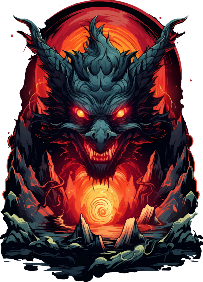 AI generated T-shirt design, fiery volcano and terrifying Dragon. transparent background png