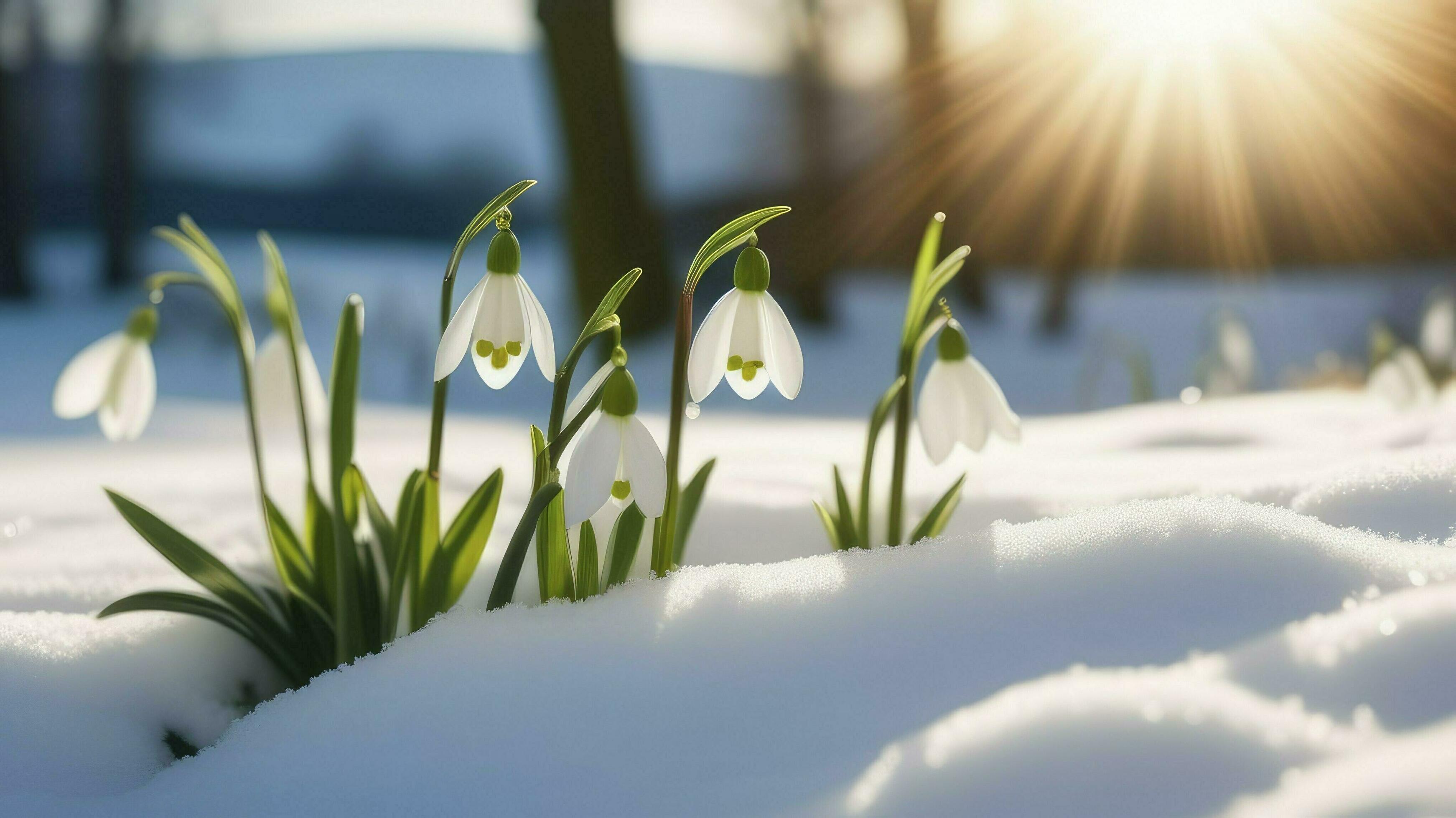 AI generated First spring snowdrops flowers sticking out from the snow