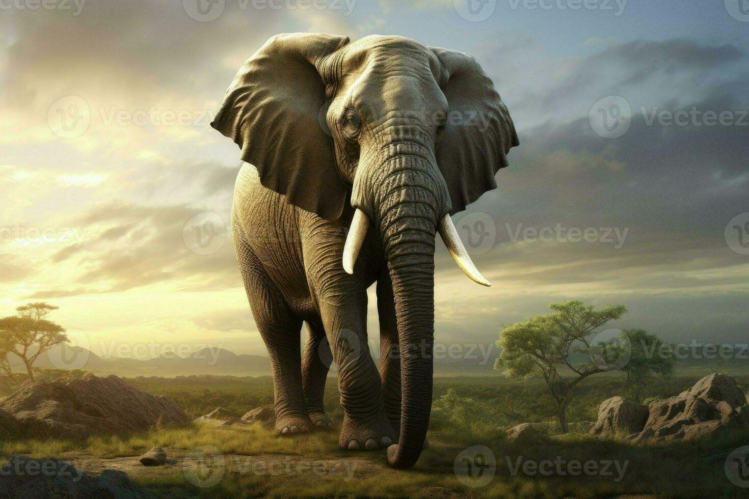 AI generated Closeup portrait elephant on blue sky background looking down photo