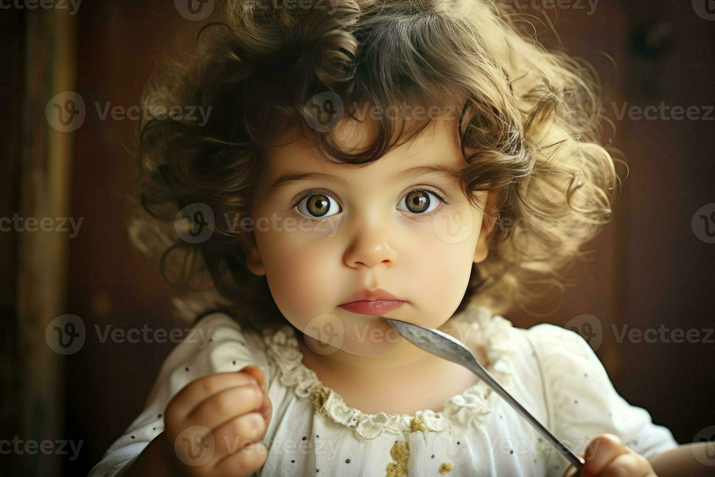 ai generado bebé niña comiendo mezcla machacado alimento, mano con cuchara para vegetal almuerzo, bebé destete. foto