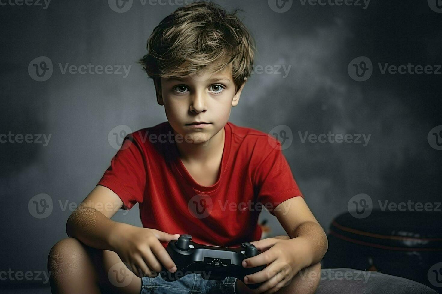 ai generado retrato de contento chico participación gamepad en gris antecedentes. foto