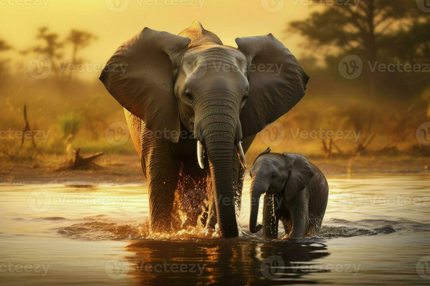 AI generated Closeup portrait elephant and child elephant in water on blue sky background looking down photo