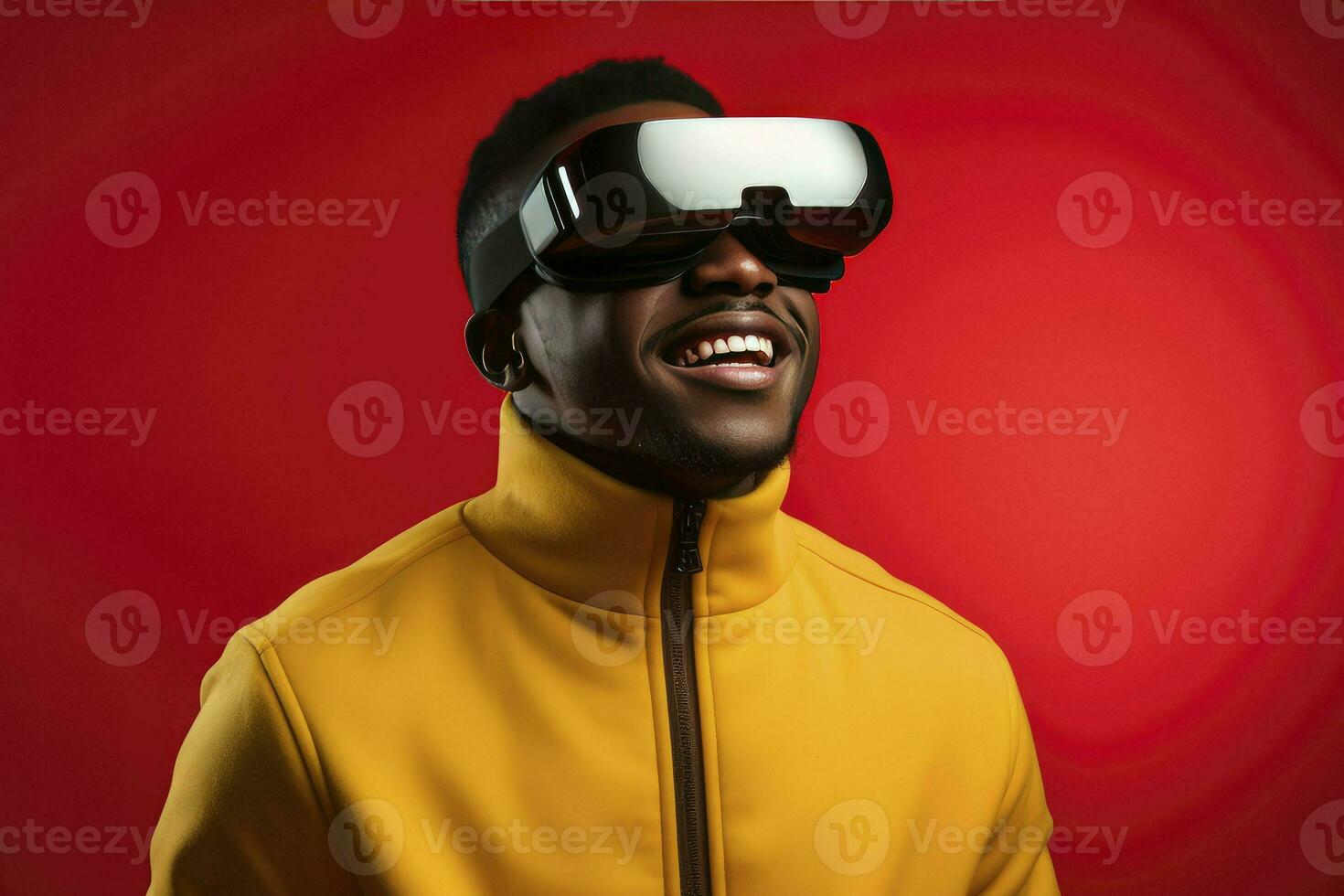 AI generated Portrait African american man in vr glasses, playing video games with virtual reality headset photo