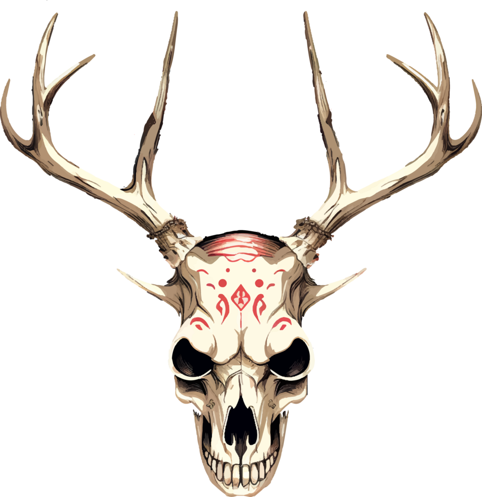 AI generated T-shirt design in the shape of a deer skull with long, branching antlers png