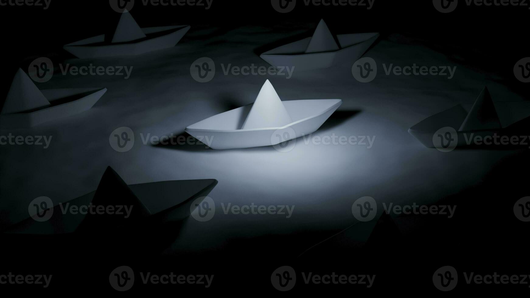 3d Paper boats. Design. Paper boats are standing in water in dark. 3d paper boats on the water surface in dark photo