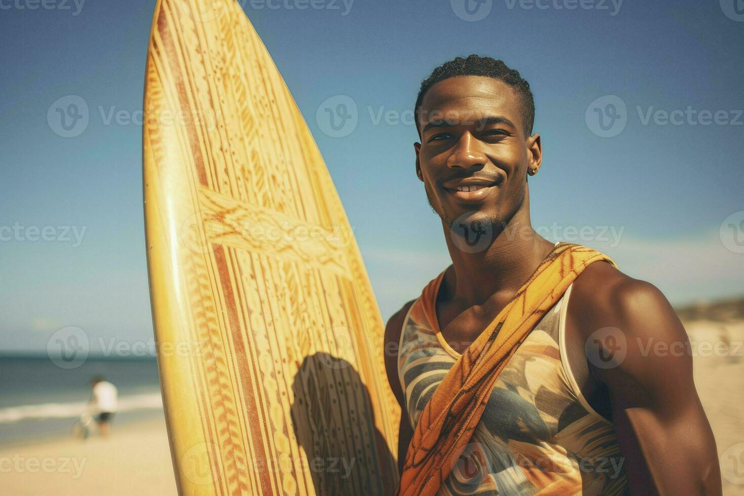 AI generated Portrait of beautiful african darkskin man holding sup board. Stand up paddle boarding outdoor active recreation photo